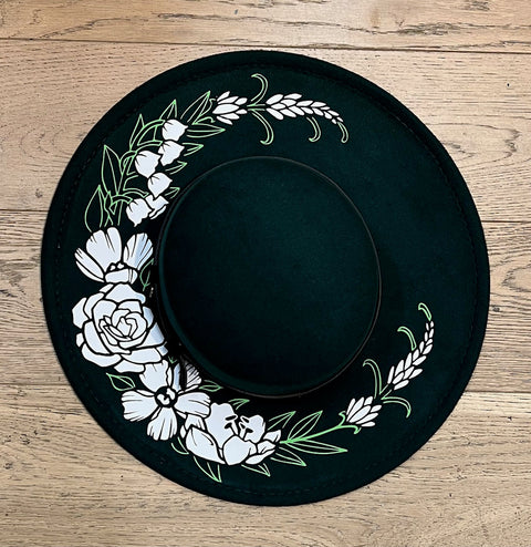 Vegan Felt Hat - XL Brim - Flat Top - Floral Crescent Moon