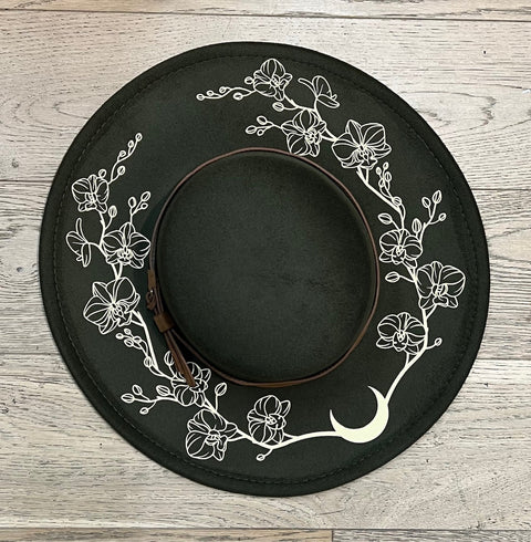 Vegan Felt Hat - XL Brim - Flat Top - Orchids Outline