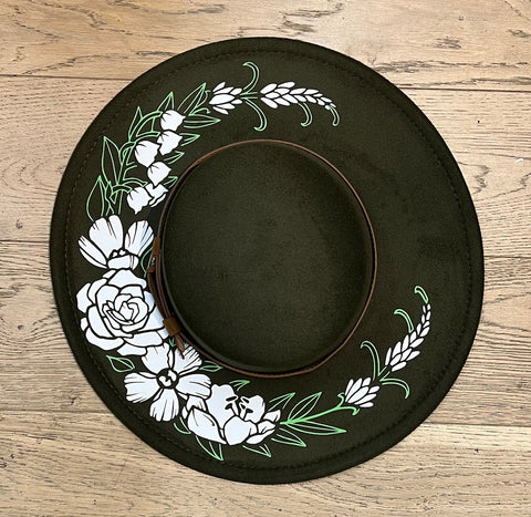 Vegan Felt Wide Brim Hat - Flat Top - Olive - Floral Crescent Moon