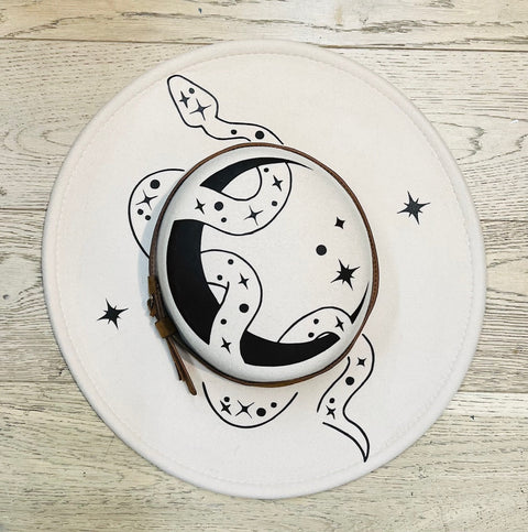Vegan Felt Wide Brim Hat - Flat Top - Cream - Snake Moon