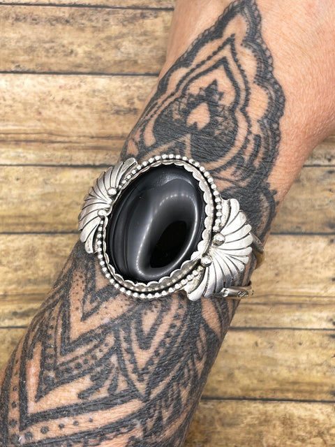 Dianna - Black Onyx with Fan Detail Sterling Silver Cuff Bracelet
