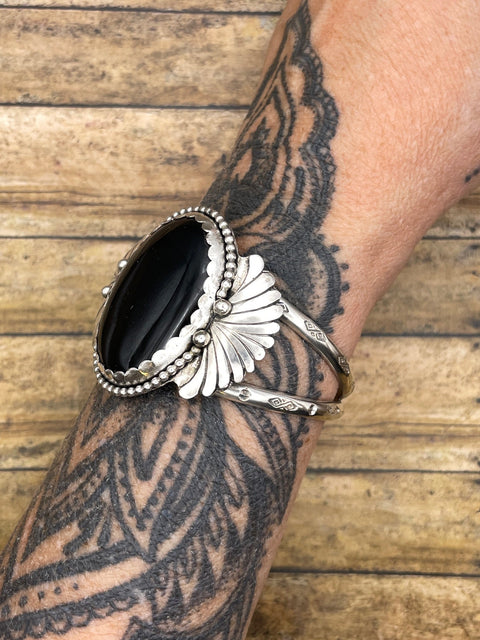 Dianna - Black Onyx with Fan Detail Sterling Silver Cuff Bracelet
