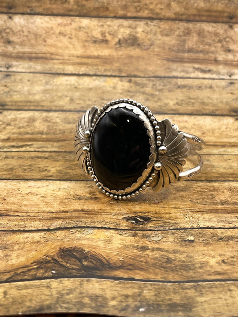 Dianna - Black Onyx with Fan Detail Sterling Silver Cuff Bracelet