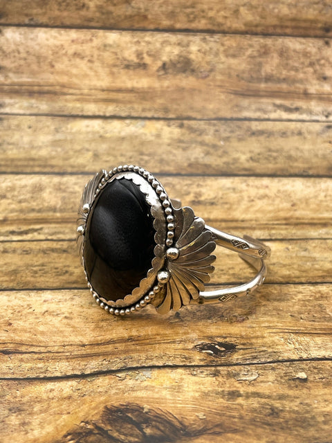 Dianna - Black Onyx with Fan Detail Sterling Silver Cuff Bracelet