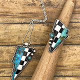 Bea - Checkered and Turquoise Mixed Gemstone Lightning Bolt Pendant Necklace