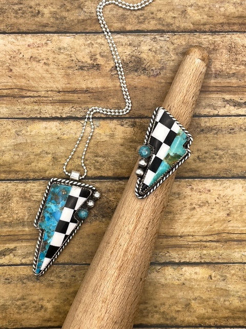 Bo - Checkered and Turquoise Lightning Bolt Ring