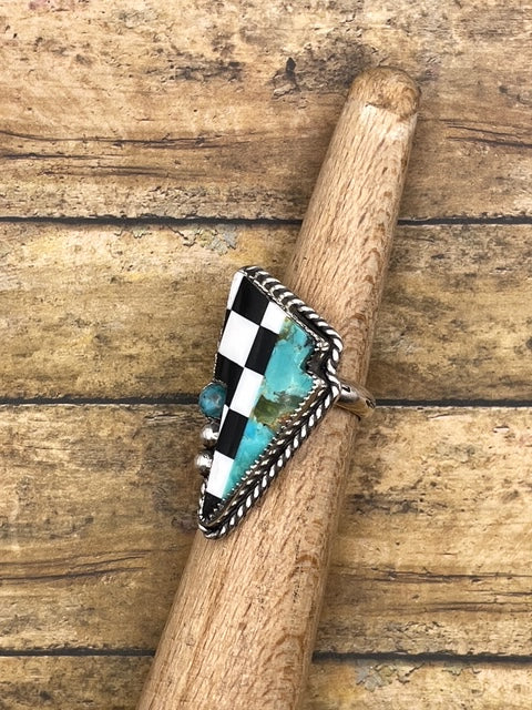 Bo - Checkered and Turquoise Lightning Bolt Ring