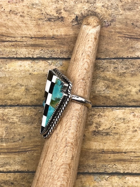 Bo - Checkered and Turquoise Lightning Bolt Ring