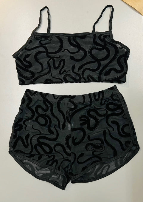 The Sinister Set - SNAKES - Sheer Velvet Flocked Bra & Shorts Separates