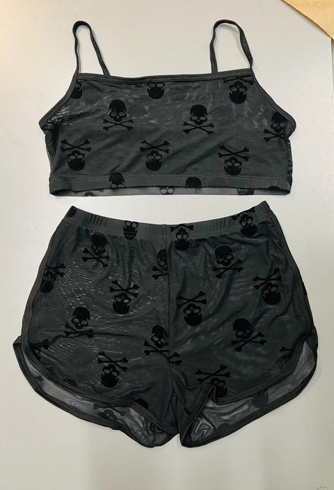 The Sinister Set - SKULLS - Sheer Velvet Flocked Bra & Shorts Separates