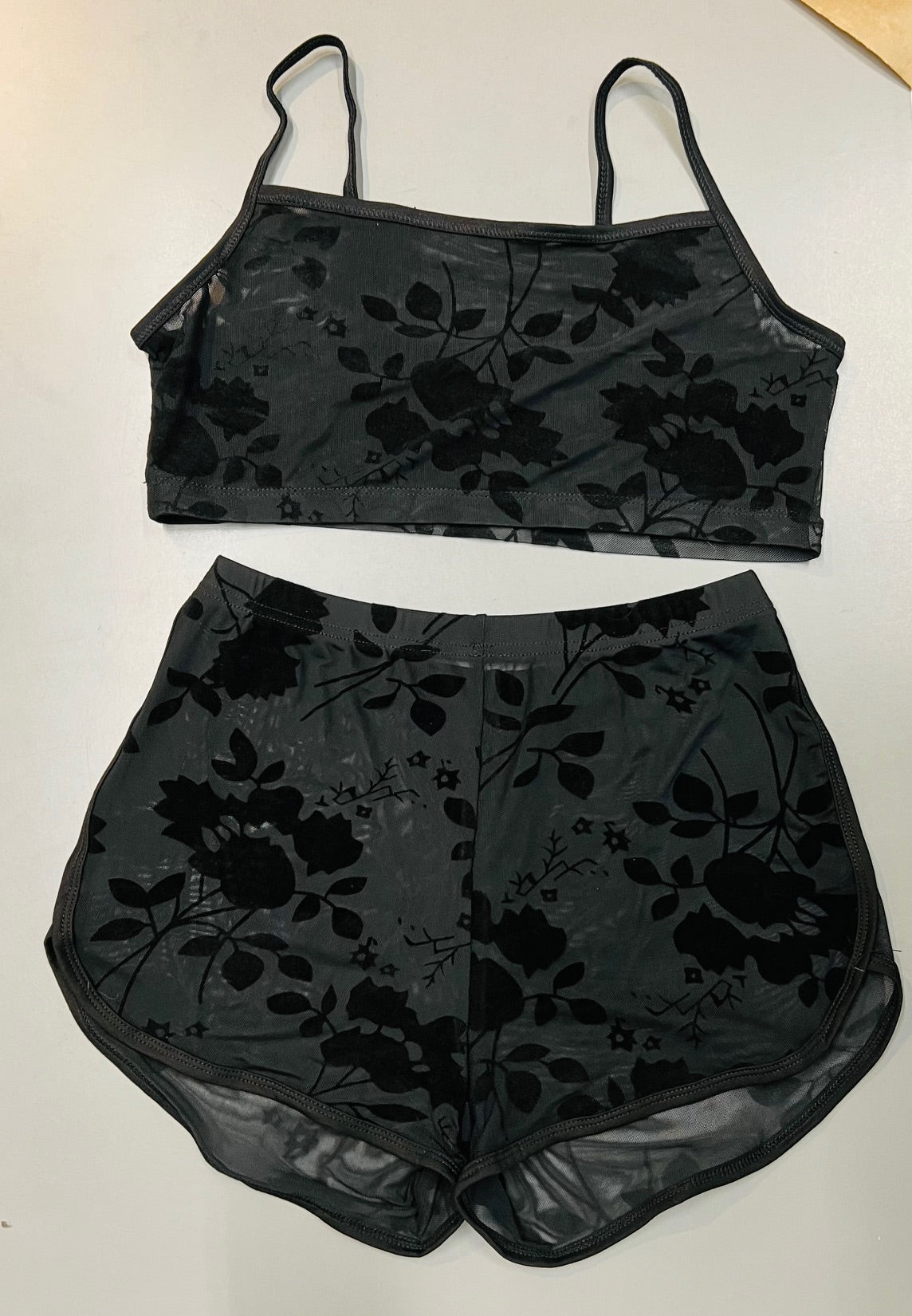 The Sinister Set - GOTHIC FLORAL - Sheer Velvet Flocked Bra & Shorts Separates
