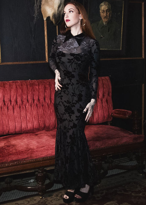 Ophelia - Velvet Flocked Lace Up Maxi Mermaid Dress