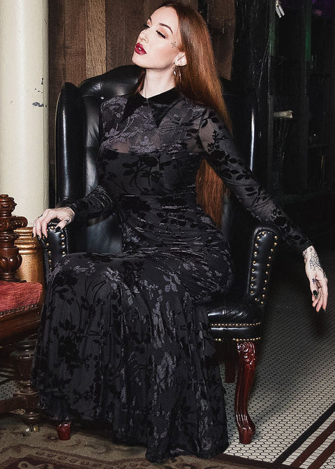 Ophelia - Velvet Flocked Lace Up Maxi Mermaid Dress