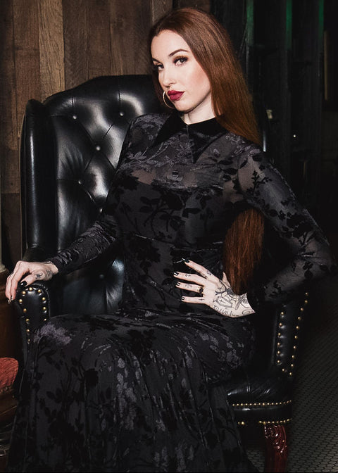 Ophelia - Velvet Flocked Lace Up Maxi Mermaid Dress