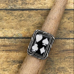 Artisan made sterling silver ring with black and white playing card design