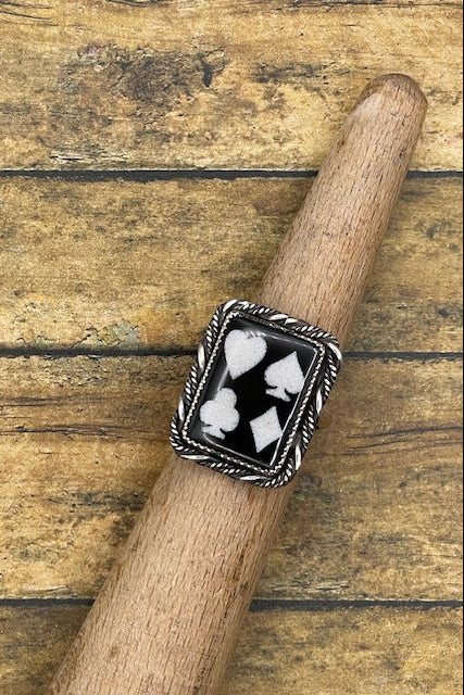 Artisan made sterling silver ring with black and white playing card design