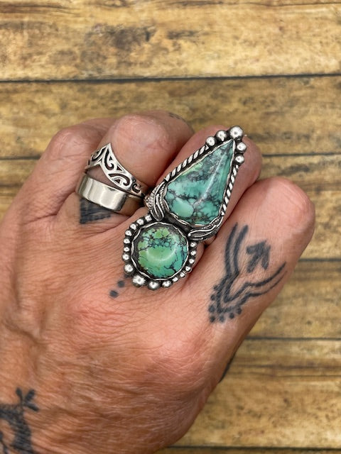 Blake - Turquoise Double Stone with Feather Detail Ring