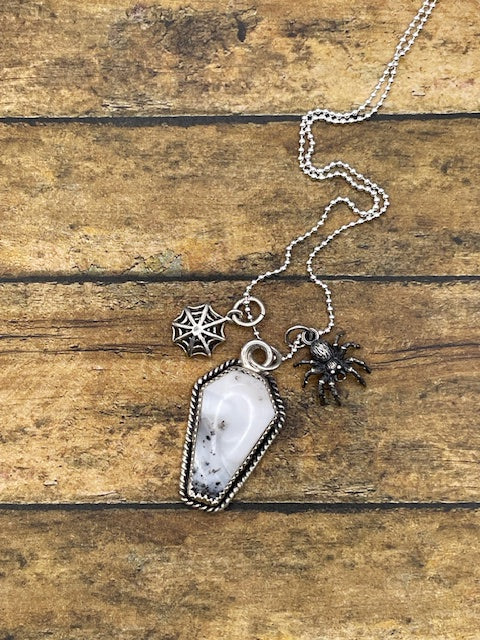 Wild - Dendrite Coffin Charm Necklace with Spider and Spiderweb