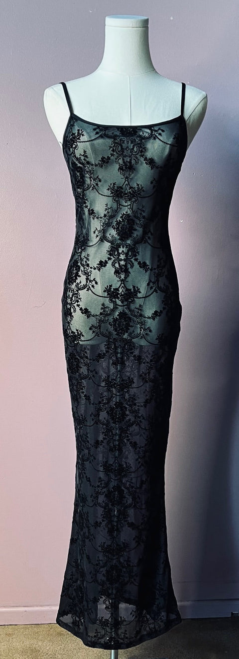 Sheer Hourglass Maxi Dress - Velvet Flocked Gothic Damask