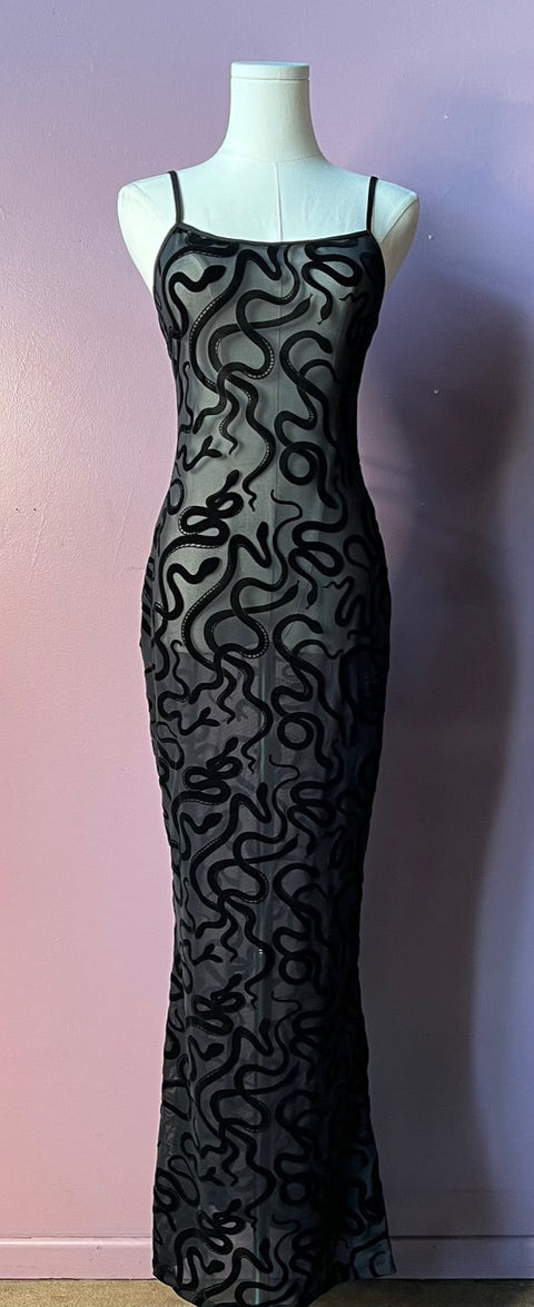 Sheer Hourglass Maxi Dress - Velvet Flocked Snakes