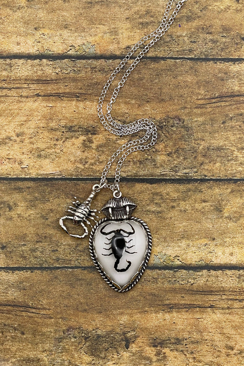 Necklace with a scorpion pendant on a wooden surface