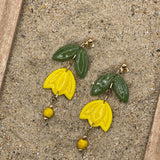 Spring Fling - Yellow Tulip Dangle Earrings with Wood Beads: Handmade Polymer Clay