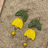 Spring Fling - Yellow Tulip Dangle Earrings with Wood Beads: Handmade Polymer Clay