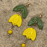 Spring Fling - Yellow Tulip Dangle Earrings with Wood Beads: Handmade Polymer Clay