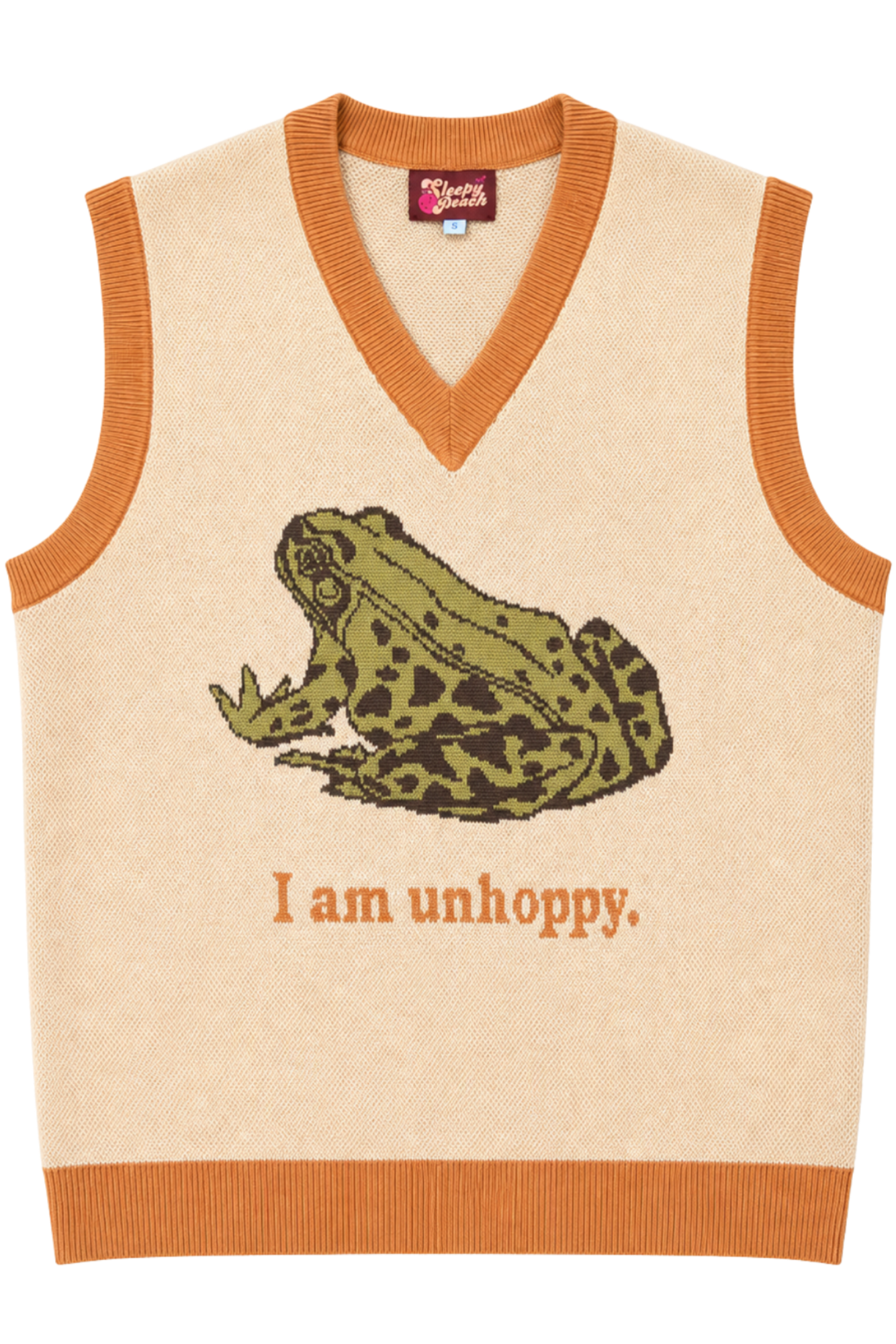 A cream-colored knit sweater vest with orange trim, featuring a knitted green and brown frog graphic and the text 'I am unhoppy.' on the front.