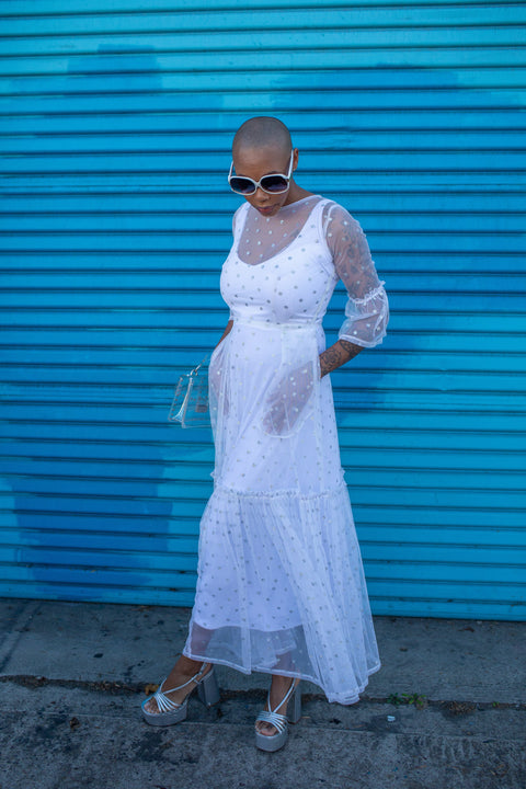 Imogen 1 Tier Ruffle Dress in Diamante Dot