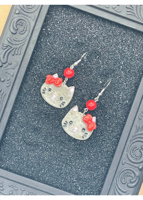 Kitty Cat with Red Bow Earrings