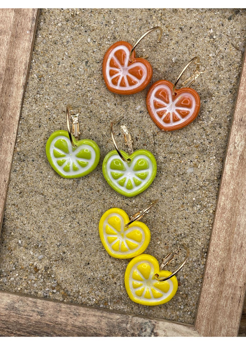 Fruit Slice Heart Hoop Earrings: Orange, Lemon or Lime
