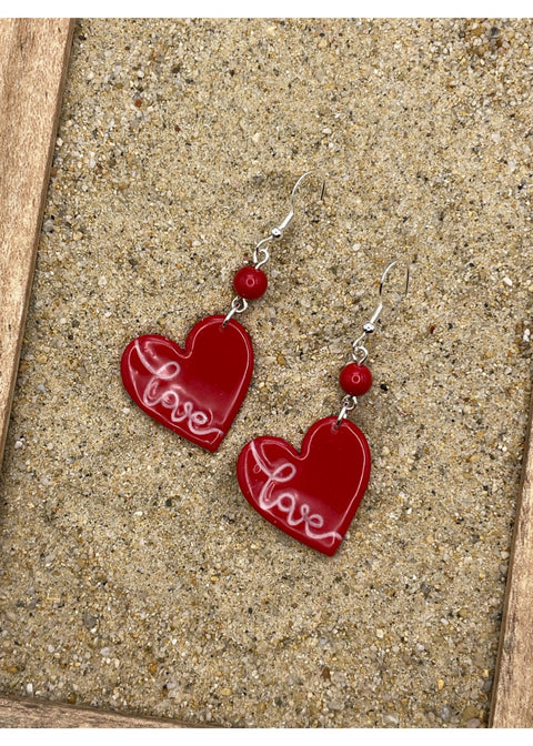 Red Heart Earrings with Love Script