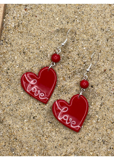 Red Heart Earrings with Love Script
