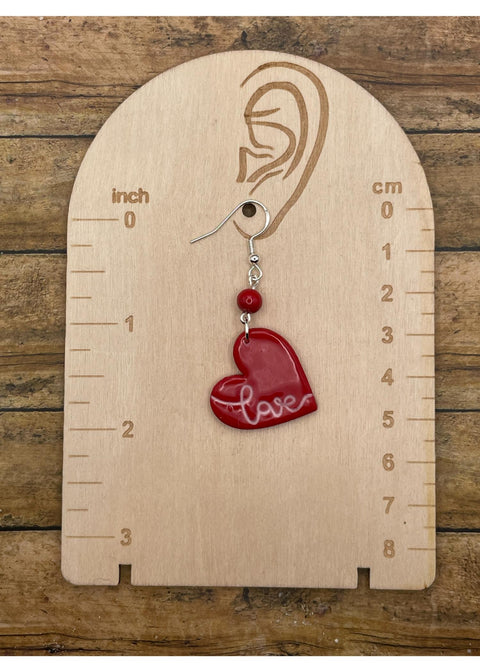 Red Heart Earrings with Love Script