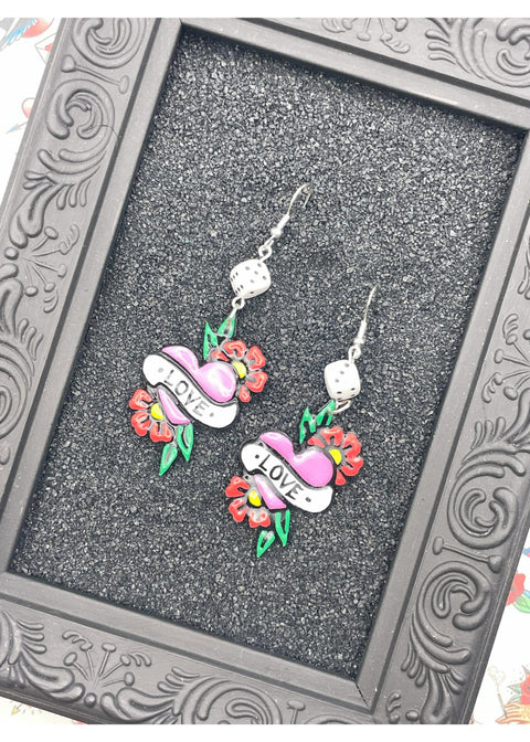 Tattoo Love Dangly Heart Earrings