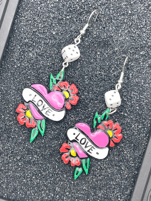 Tattoo - Love Heart Earrings with Dice Detail: Handmade Polymer Clay