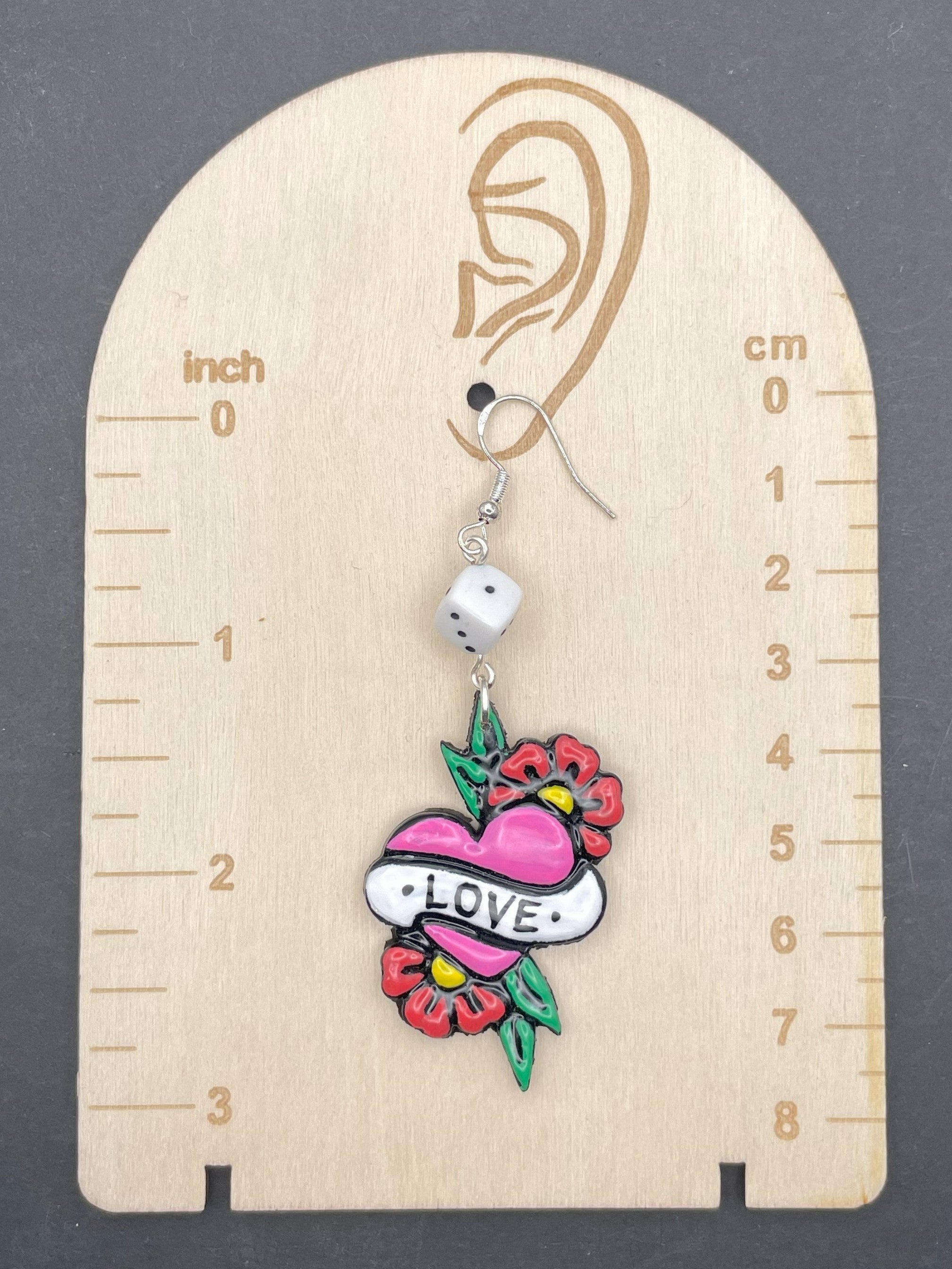 Tattoo - Love Heart Earrings with Dice Detail: Handmade Polymer Clay