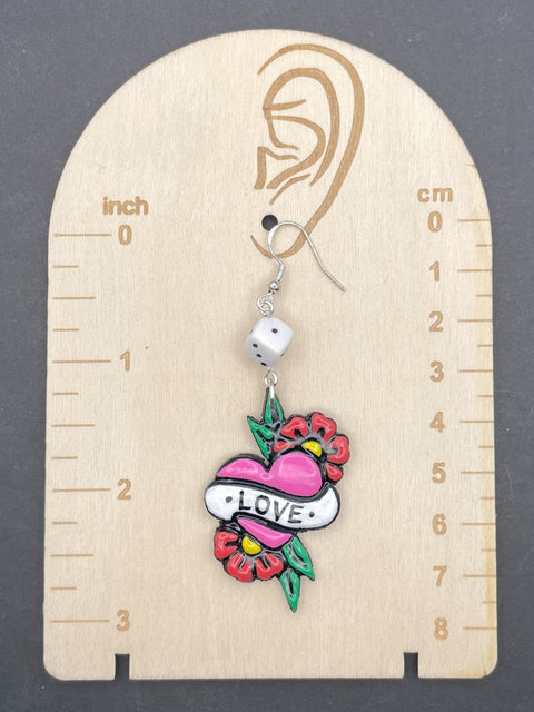 Tattoo - Love Heart Earrings with Dice Detail: Handmade Polymer Clay