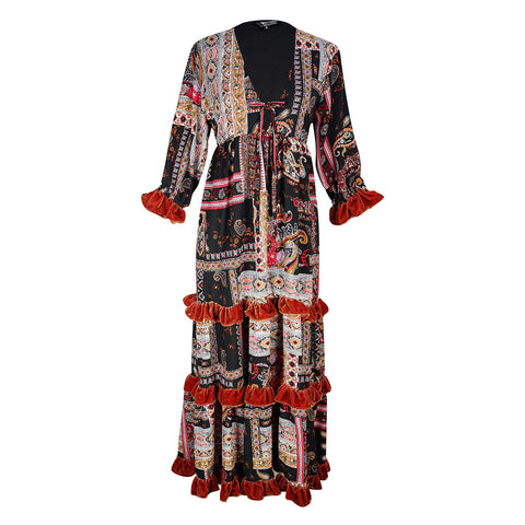 Ophelia Velvet Ruffle Maxi Dress in Lucia Cinnabar