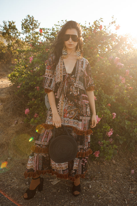 Ophelia Velvet Ruffle Maxi Dress in Lucia Cinnabar