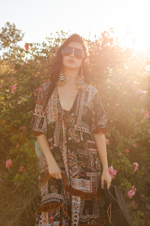 Ophelia Velvet Ruffle Maxi Dress in Lucia Cinnabar