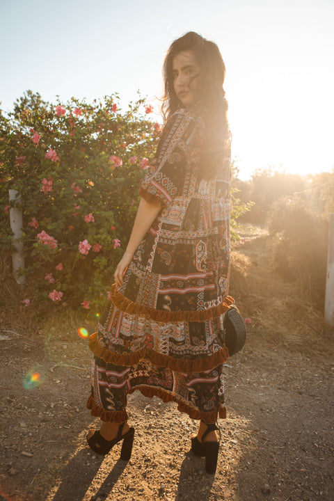 Ophelia Velvet Ruffle Maxi Dress in Lucia Cinnabar
