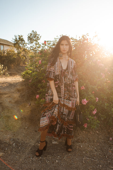 Ophelia Velvet Ruffle Maxi Dress in Lucia Cinnabar