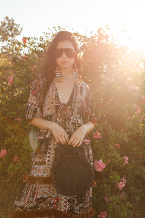 Ophelia Velvet Ruffle Maxi Dress in Lucia Cinnabar
