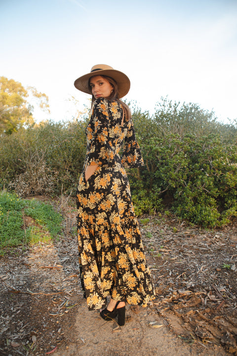 Imogen 1-Tier Ruffle Maxi Dress in Marigold Blossom