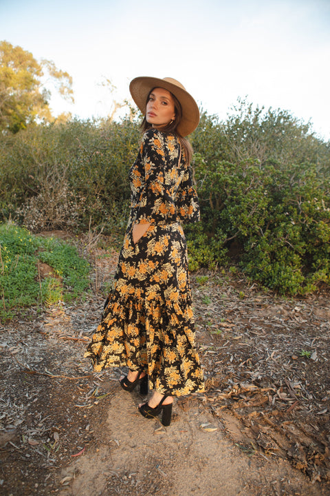 Imogen 1-Tier Ruffle Maxi Dress in Marigold Blossom