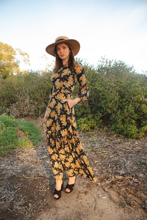 Imogen 1-Tier Ruffle Maxi Dress in Marigold Blossom