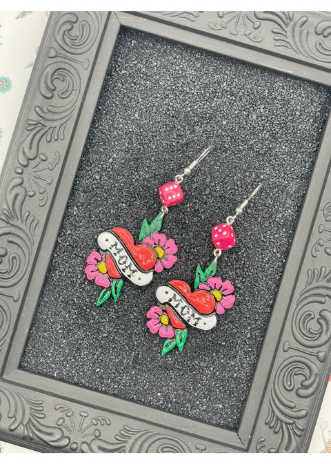 Tattoo Love Mom Heart Earrings
