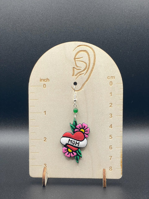 Tattoo - Mom Heart Earrings with Dice Detail: Handmade Polymer Clay